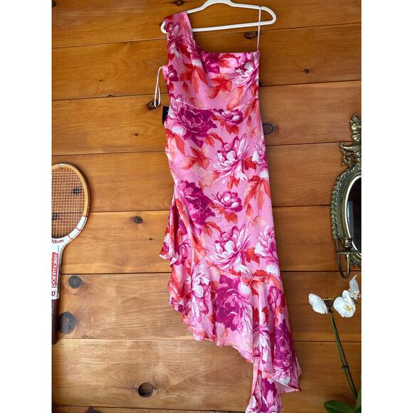 NWT Lulus Divinely Blooming Pink Multi Floral One-Shoulder Midi Dress Cruise L - Picture 6 of 9